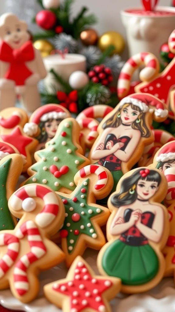 Decorated Christmas cookies with pin-up designs on a festive table.